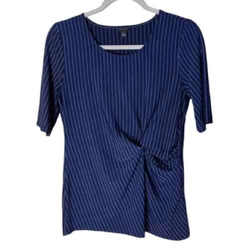 Ann Taylor Petite Navy Short Sleeve Top blouse stripe stretchy gathered knot XLP